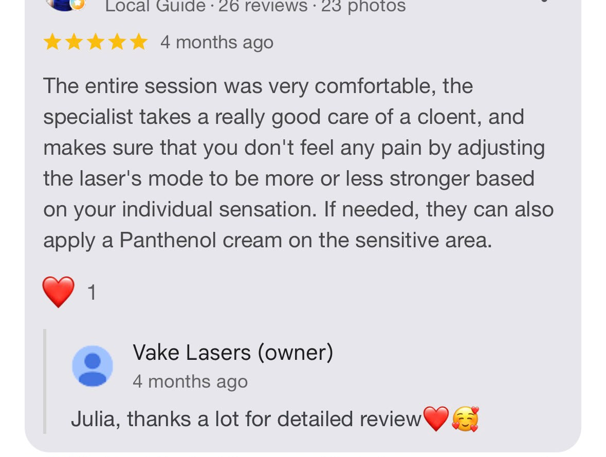 Google review 6 for Vake Lasers laser hair removal studio