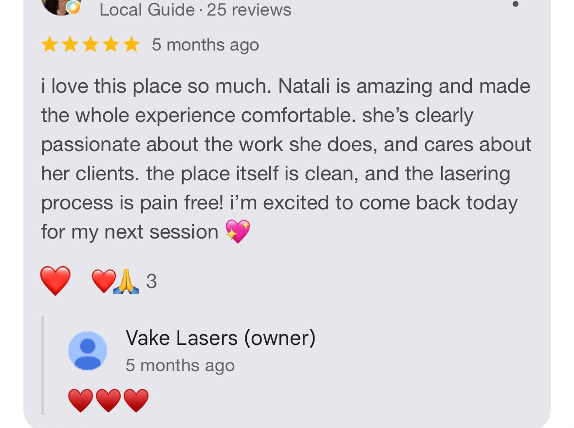 Google review 9 for Vake Lasers laser hair removal studio