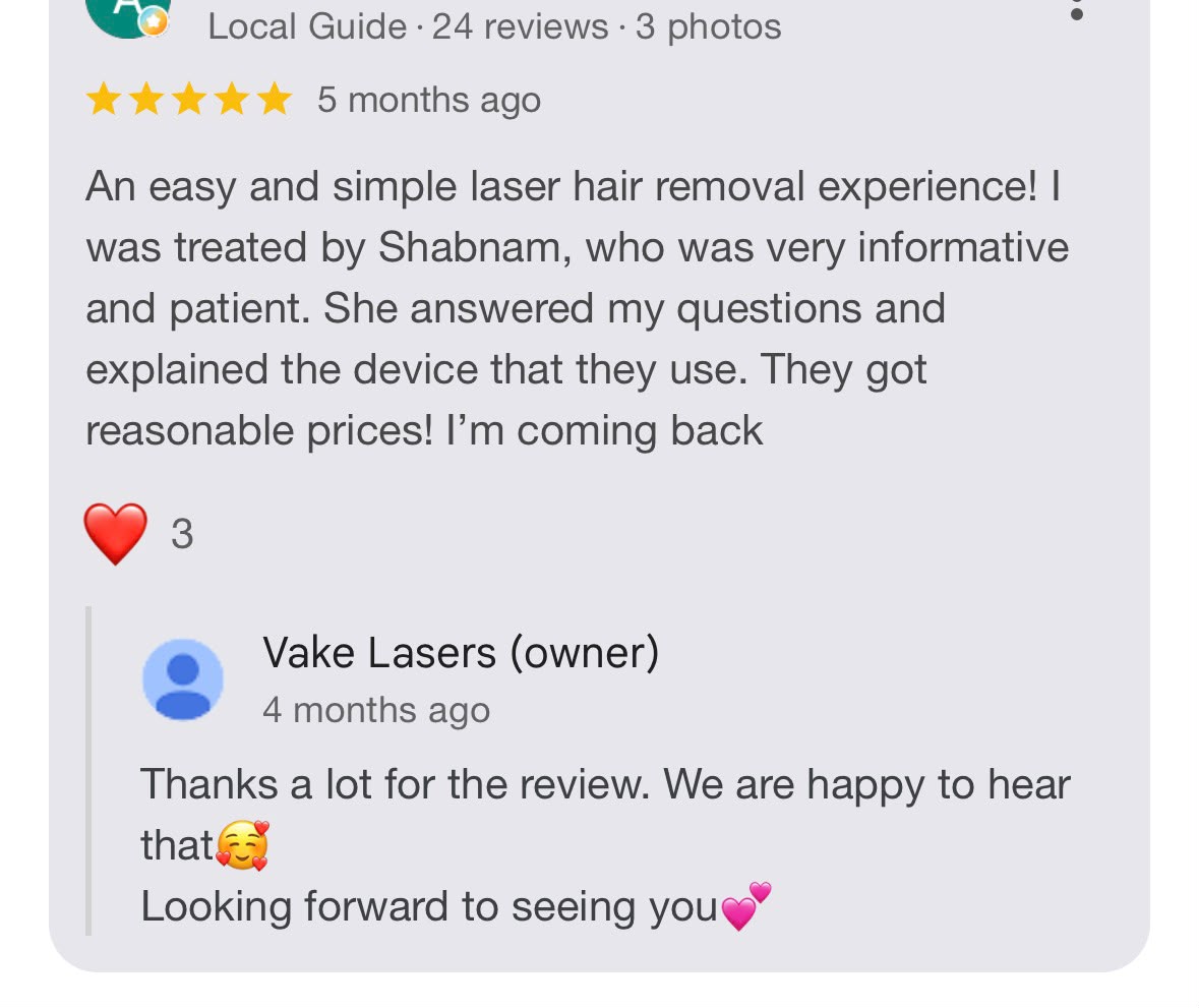 Google review 8 for Vake Lasers laser hair removal studio
